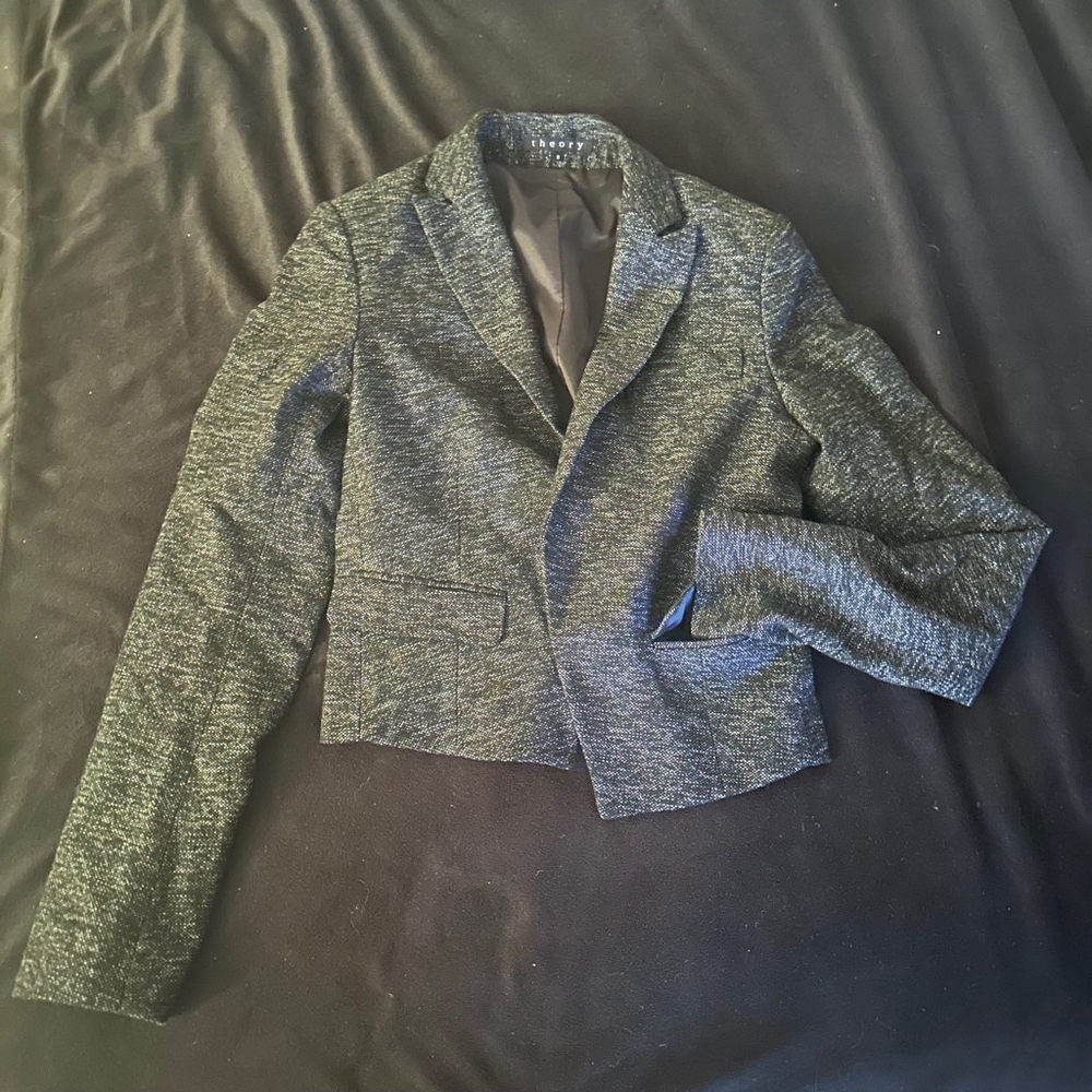Theory Womens Crop Blazer Jacket Long Sleeve Notch Lapel Hook Closure Tweed - Picture 1 of 5